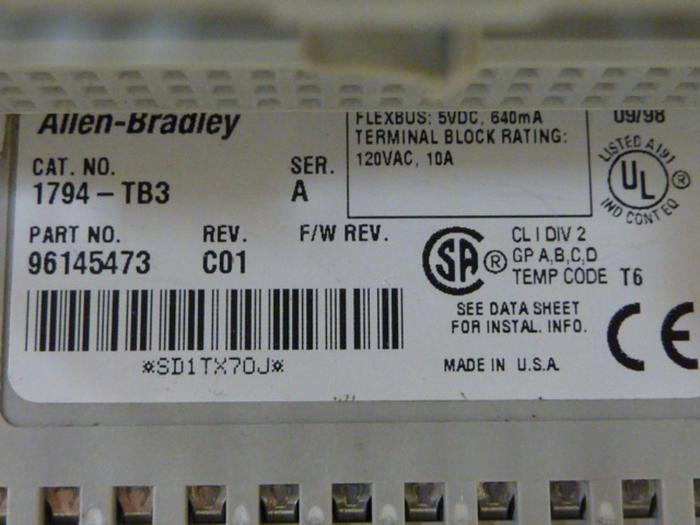 Used ALLEN BRADLEY Terminal Base 1794-TB3 SER A #65778