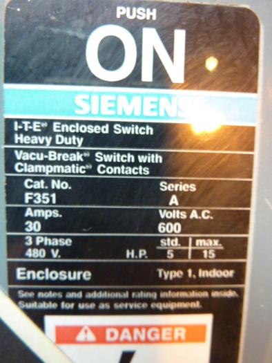 Used SIEMENS 30 Amp Disconnect Switch F351 #41593