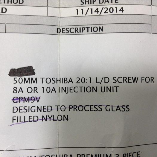 Used TOSHIBA 50 mm 20:1 L/D Material Feed Screw EC 220 N #80649