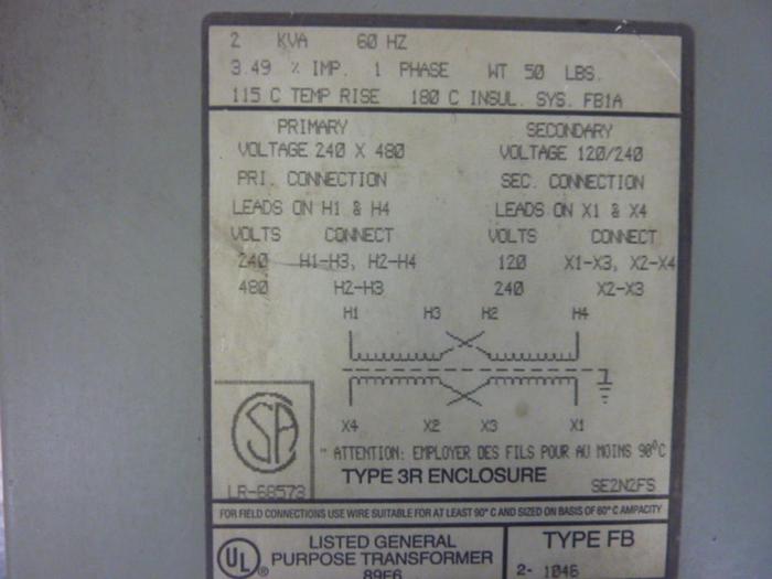 Used POWERTRAN 2 kVA Transformer PT102-2K #64896