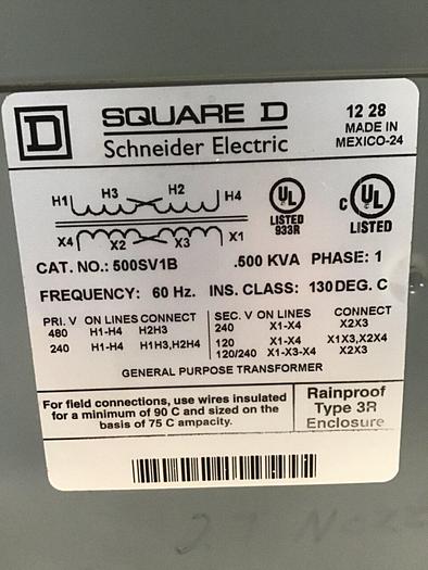 Used SQUARE D 0.500 kVA Dry Type Transformer 500SV1B #145038