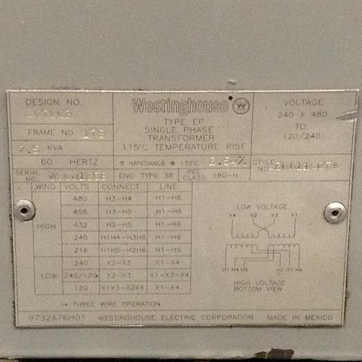 Used WESTINGHOUSE 7.5 kVA Transformer S20K11S07N Used