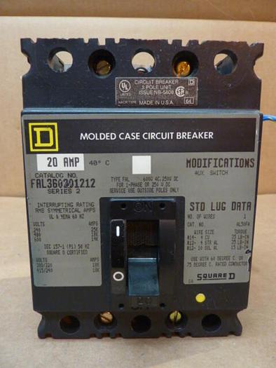 Used SQUARE D 20 Amp Circuit Breaker FAL360201212 USED