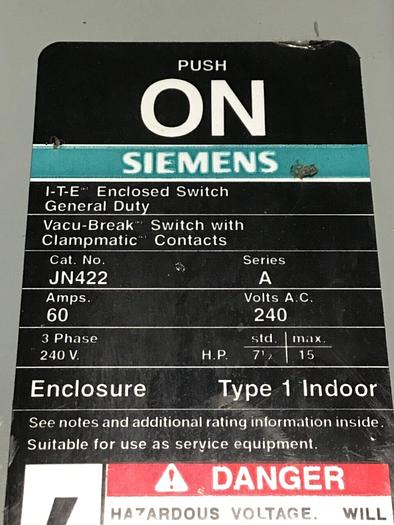 Used SIEMENS 60 Amp I-T-E Disconnect Switch JN422 #137901