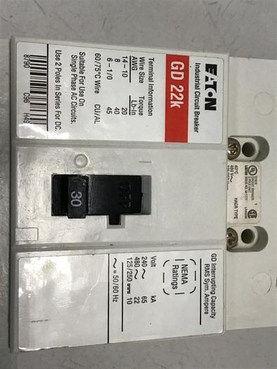 Used EATON CORP 30 Amp Industrial Circuit Breaker GD22K 30 AMP #133216