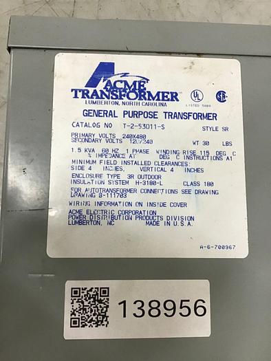Used ACME TRANSFORMER 1.5 kVA Transformer T-2-53011-S #138956