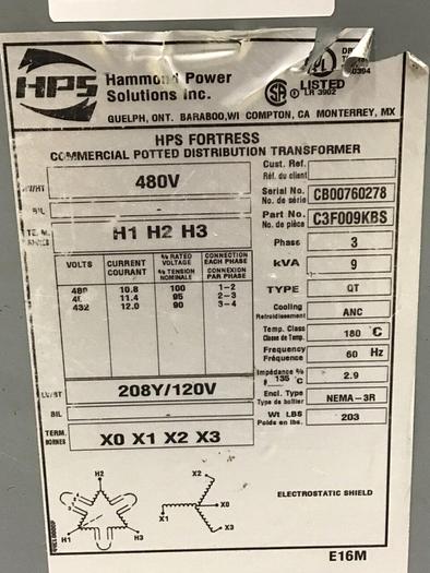 Used HAMMOND 9 kVA Transformer C3F009KBS #131808