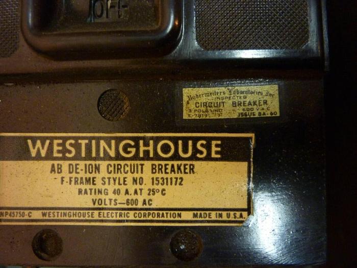 Used WESTINGHOUSE 40 Amp Bus Disconnect Switch 1531184-A #24427