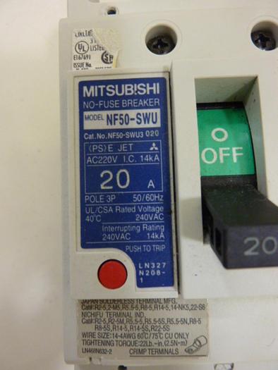 Used MITSUBISHI 20 Amp No-Fuse Breaker NF50-SWU3-20 #60737