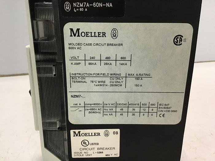 Used MOELLER 60 Amp Circuit Breaker NZM7A-60N-NA #122461