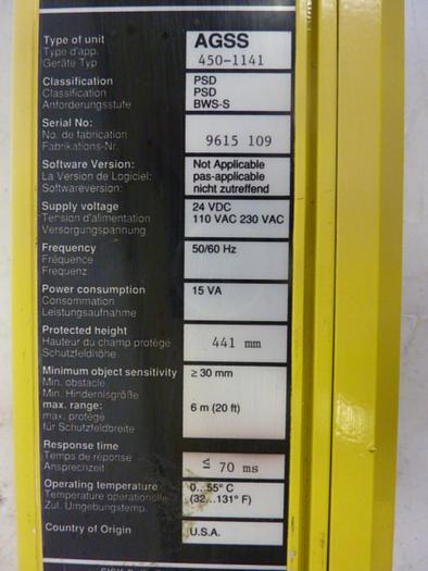 Used SICK OPTIC ELECTRONIC Light Curtain AGSS 450-1141 #51472