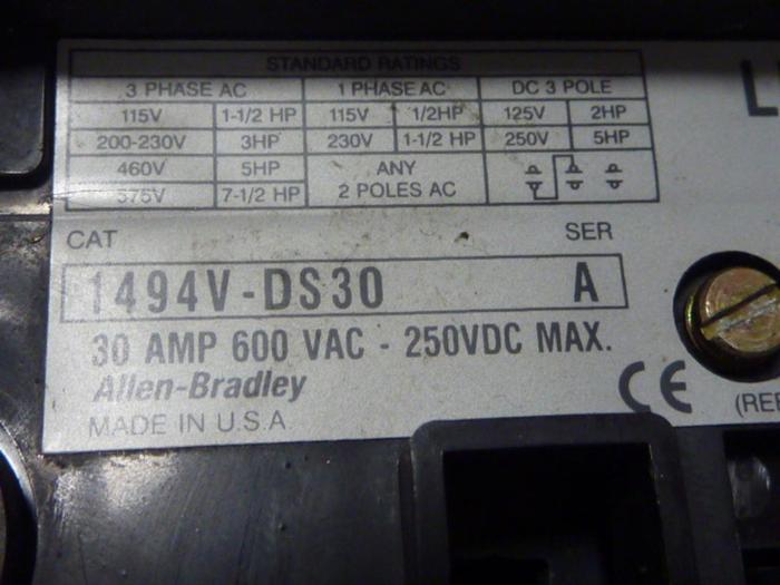 Used ALLEN BRADLEY 30 Amp Disconnect Switch 1494V-DS30 SER A #57418