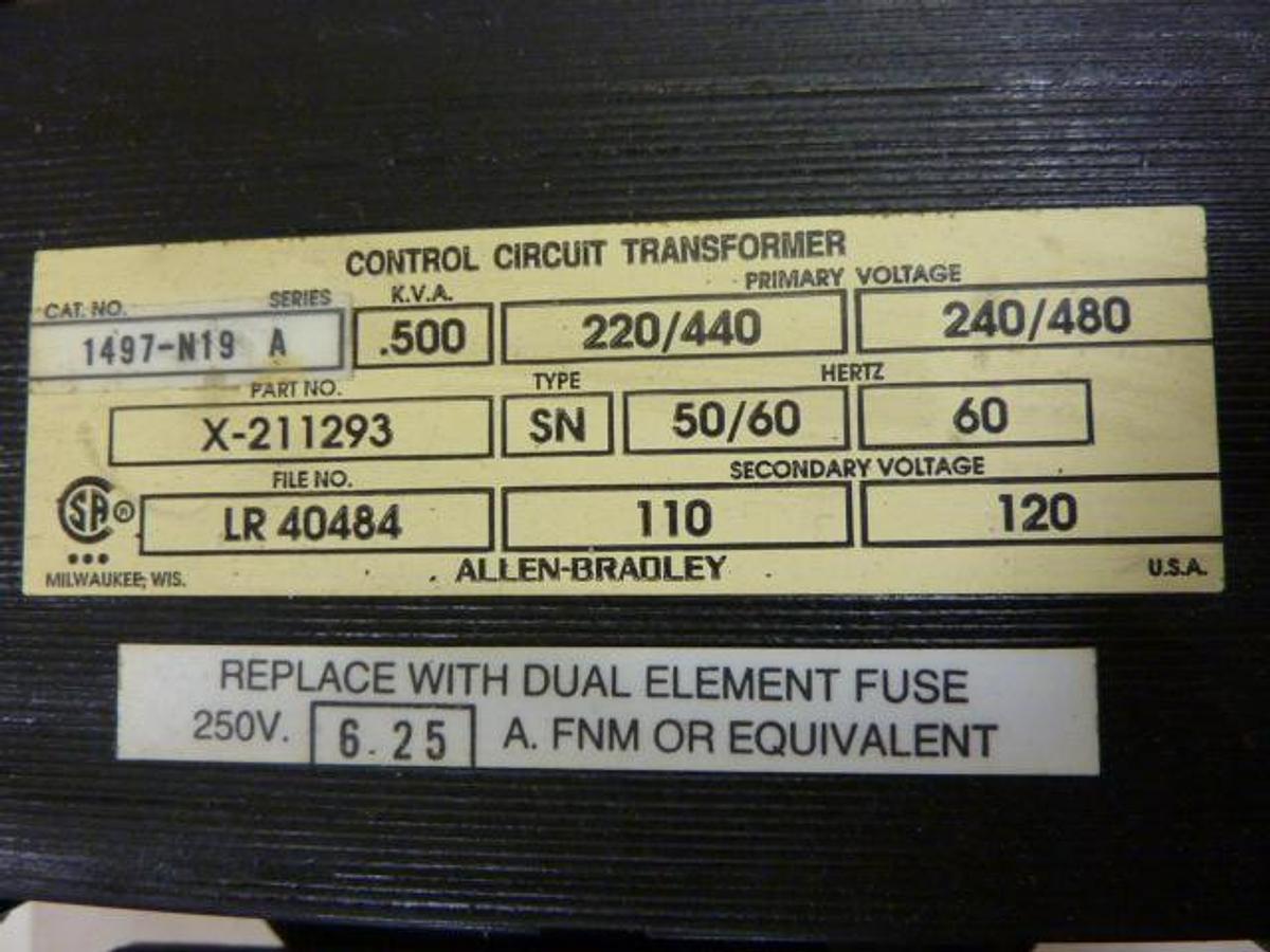Used ALLEN BRADLEY .500 kVA Transformer 1497-N19 SER A Used 