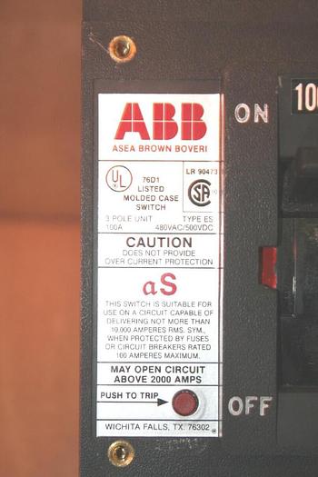 Used ABB 100 Amp Circuit Breaker TYPE ES #12147