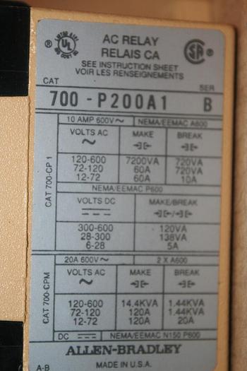 Used ALLEN BRADLEY AC Relay 700-P200A1 SER B #21034