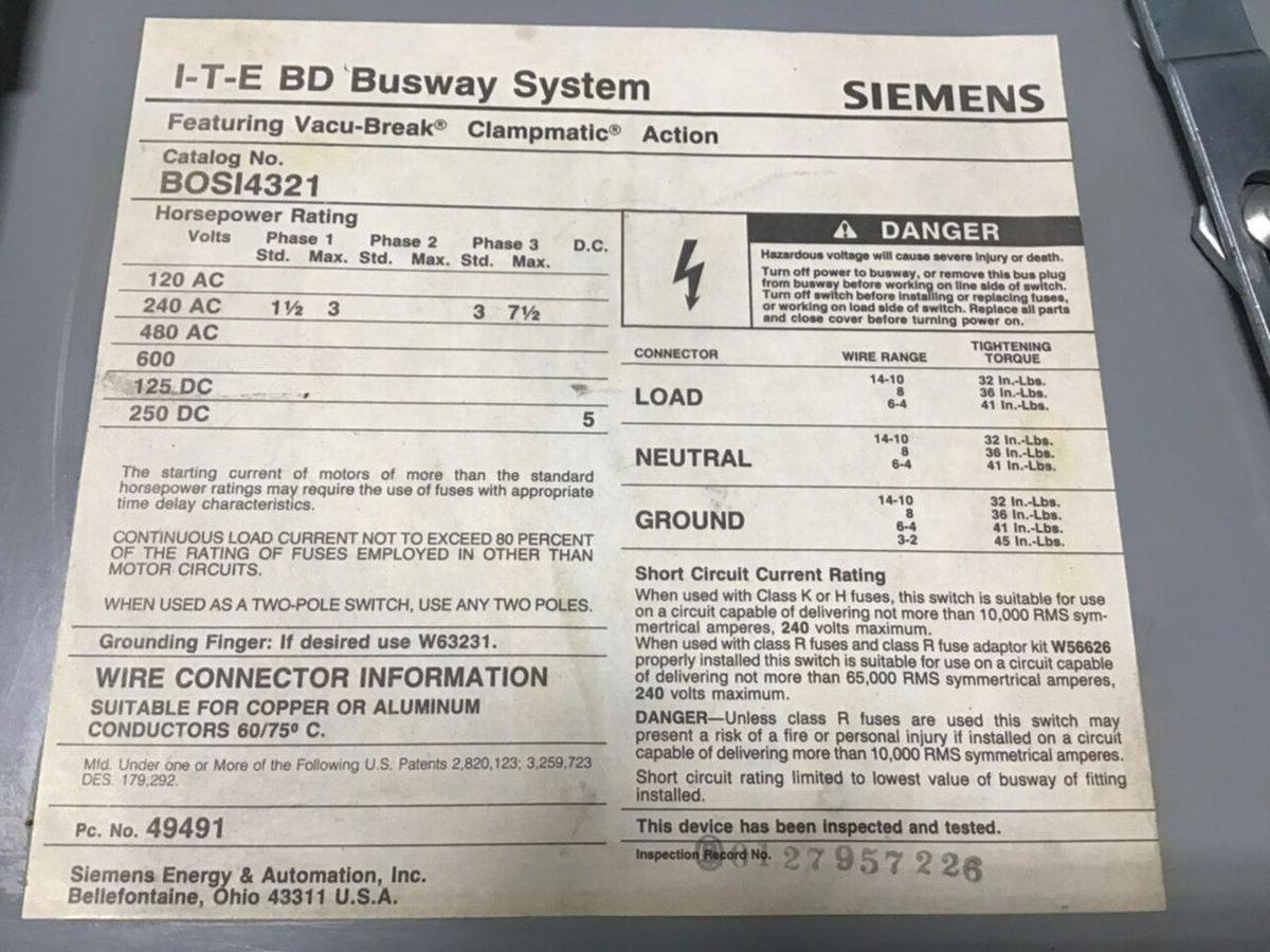 Used ITE SIEMENS BD Bus Disconnect Switch BOS14321 USED