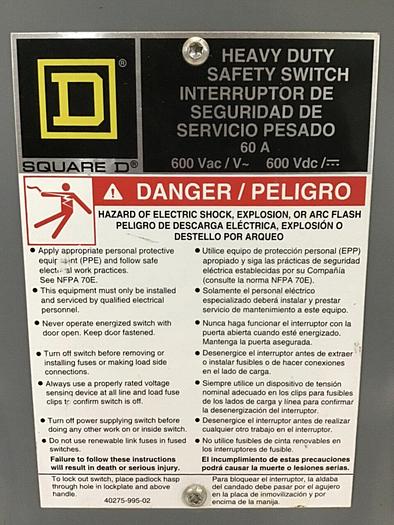 Used SQUARE D Safety Disconnect Switch H362 F1 #138630