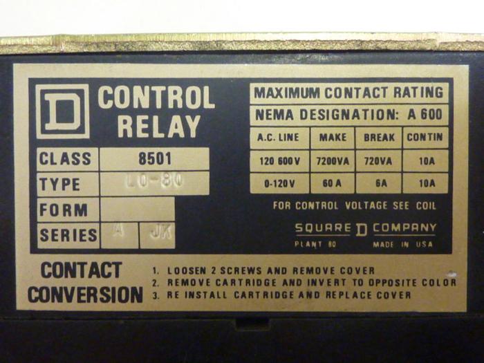 Used SQUARE D Control Relay 8501-L0-80 #62727