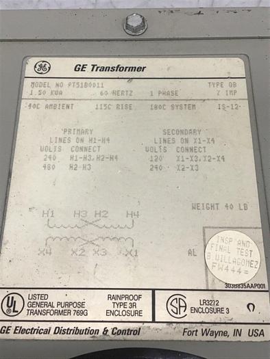 Used GENERAL ELECTRIC / GE 1.50 kVA Transformer 9T51B0011 #124079