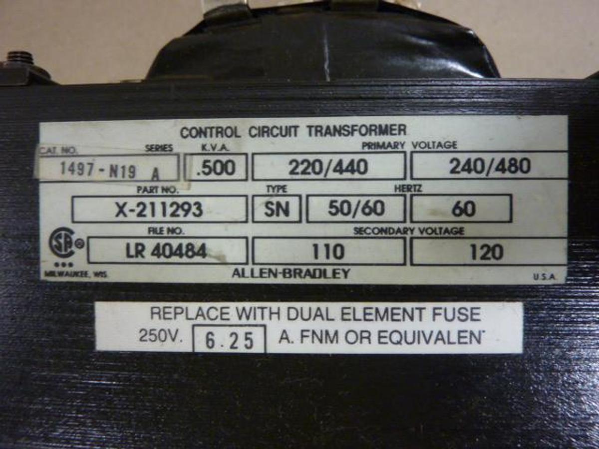 Used ALLEN BRADLEY .500 kVA Transformer 1497-N19 SER A Used