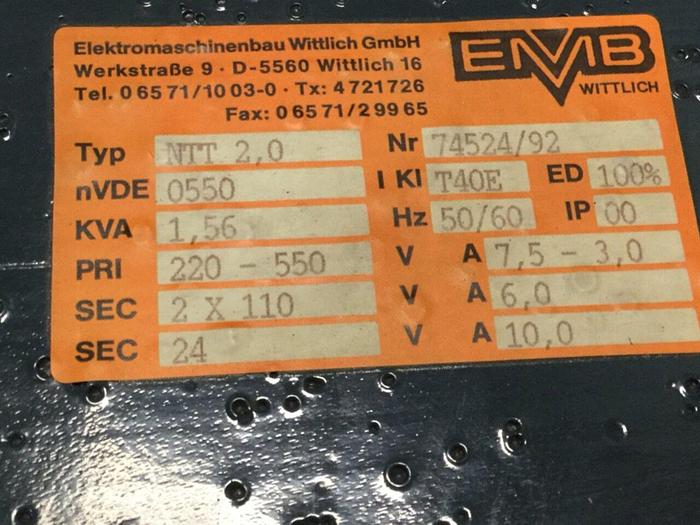 Used EMB WITTLICH 1.56 kVA Transformer NTT2.0 #102058