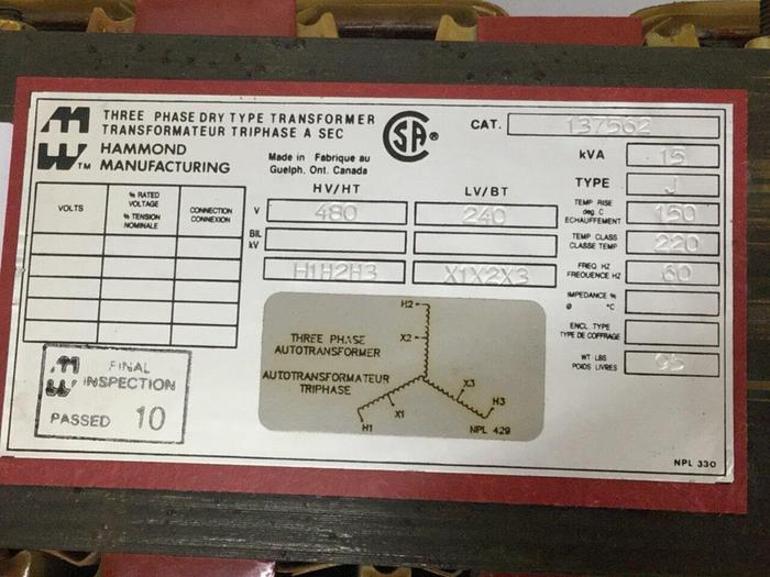 Used HAMMOND 15 kVA Transformer 137562 #102414