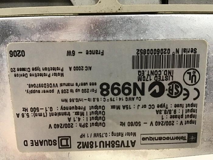 Used TELEMECANIQUE Variable Speed Drive ATV58HU18M2 #141055