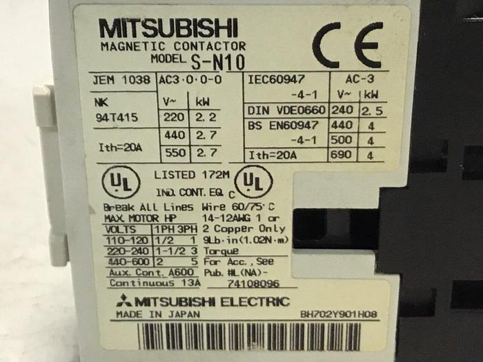 Used MITSUBISHI Contactor S-N10 20 AMP Used