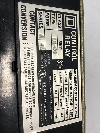 Used SQUARE D Control Relay 8501-L0-20 #74382