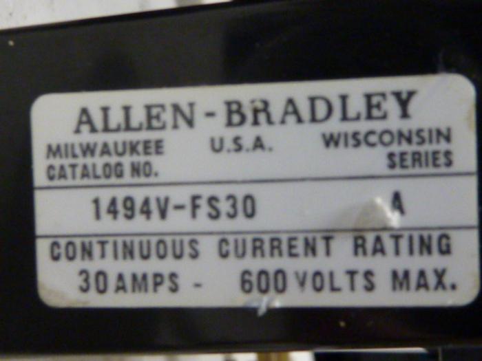 Used ALLEN BRADLEY 30 Amp Disconnect Switch 1494V-DS30 SER A #57421
