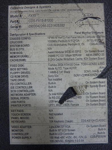 Used CALIFORNIA DESIGNS & SYSTEMS Operator Interface FX15 #49627