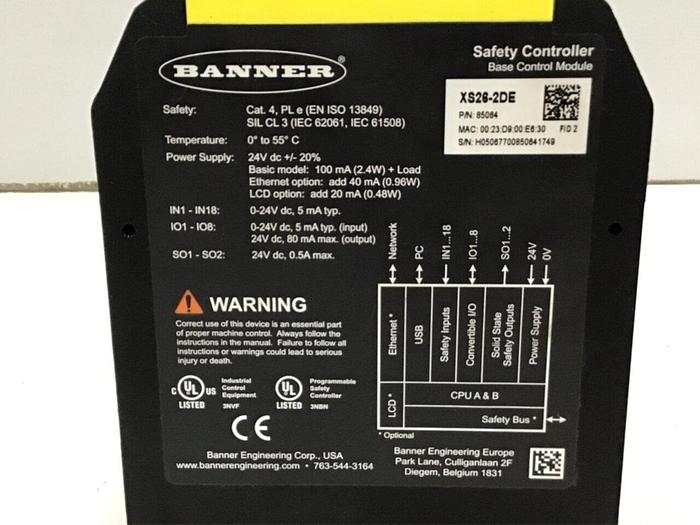 Used BANNER ENGINEERING Safety Control XS26-2DE Used