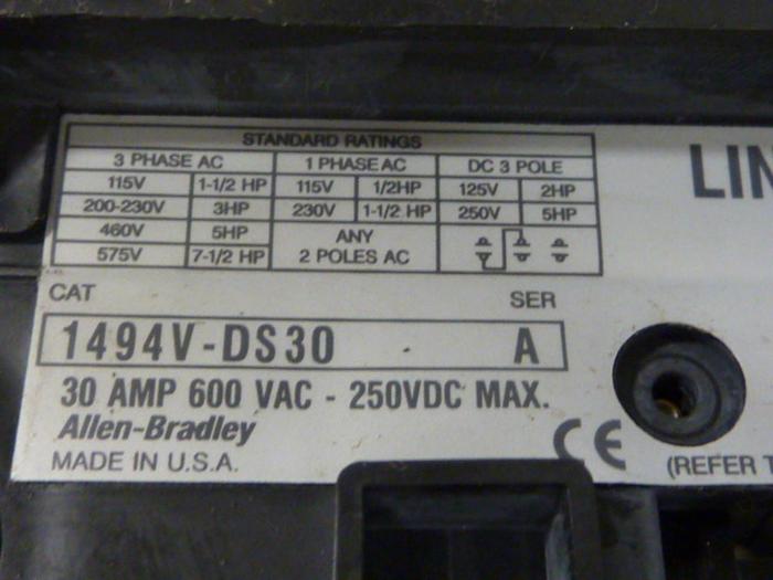 Used ALLEN BRADLEY 30 Amp Disconnect Switch 1494V-DS30 SER A #57430