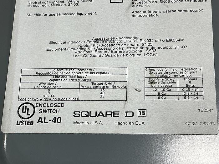 Used SQUARE D 40275-990-02