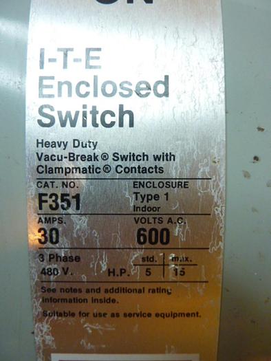 Used SIEMENS 30 Amp Disconnect Switch F351 #41594
