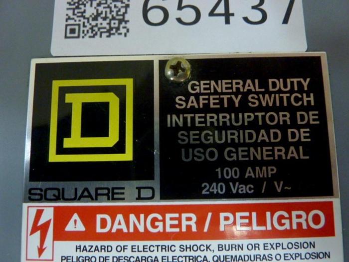 Used SQUARE D 100 Amp Safety Switch D323N #65437