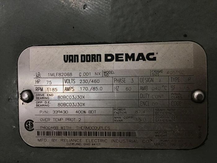 Used RELIANCE ELECTRIC 75 HP Motor 1MLF82068-G001-NX Used