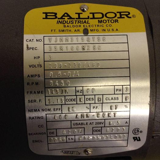 Used BALDOR 3 HP Motor VJMM3158TSB USED