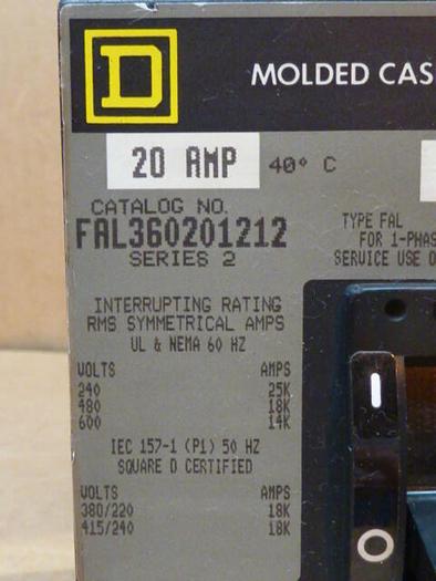 Used SQUARE D 20 Amp Circuit Breaker FAL360201212 USED