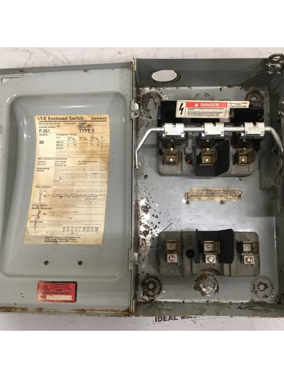 Used SIEMENS 30 Amp ITE Heavy Duty Vacu-Break F-351 USED