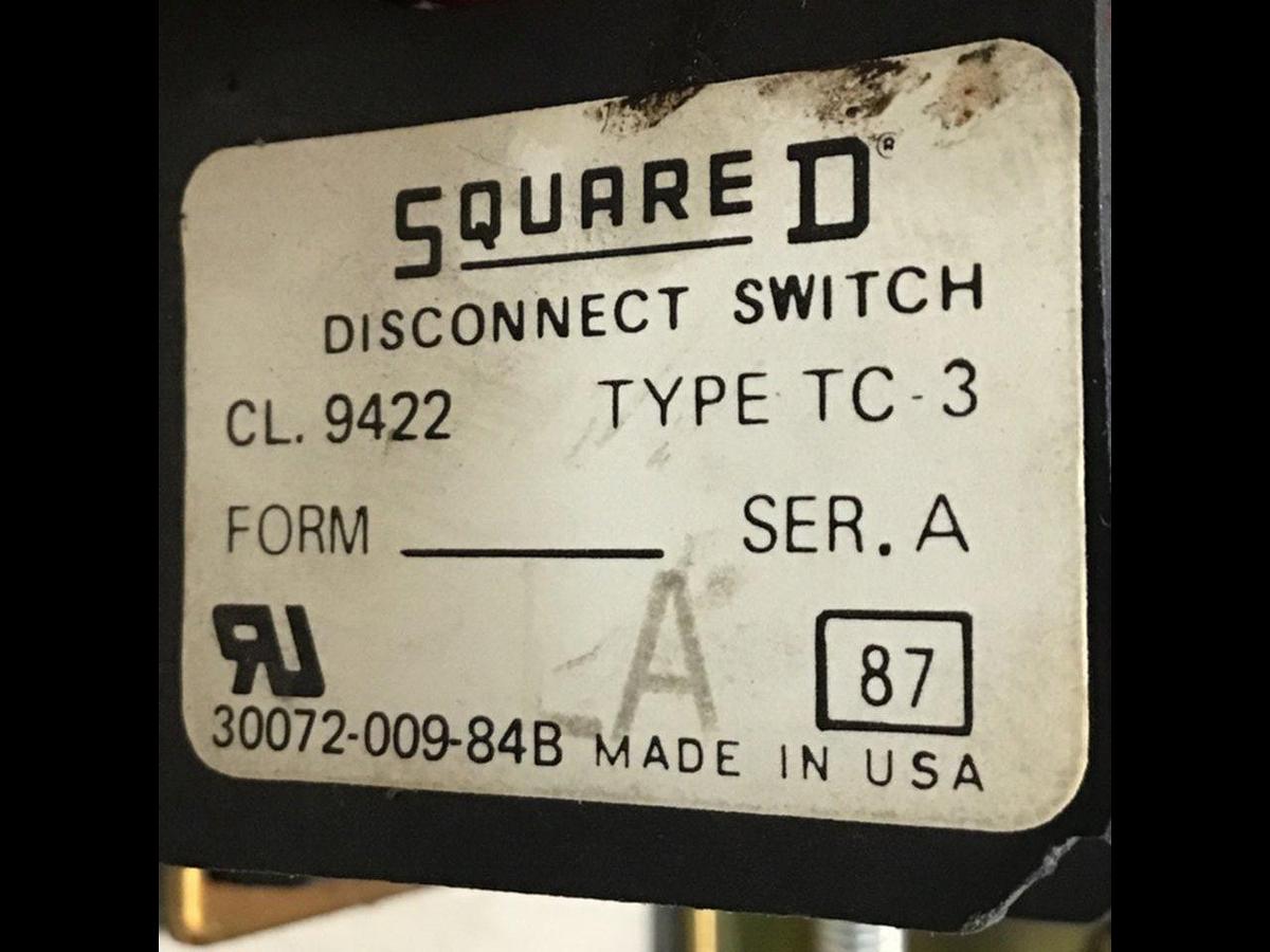 Used SQUARE D Disconnect Switch 9422-TC-3 USED