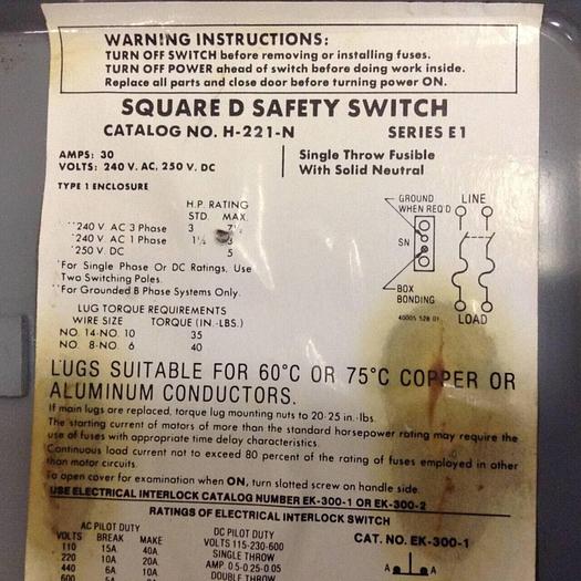 Used SQUARE D 30 Amp Safety Switch H-221-N #74633