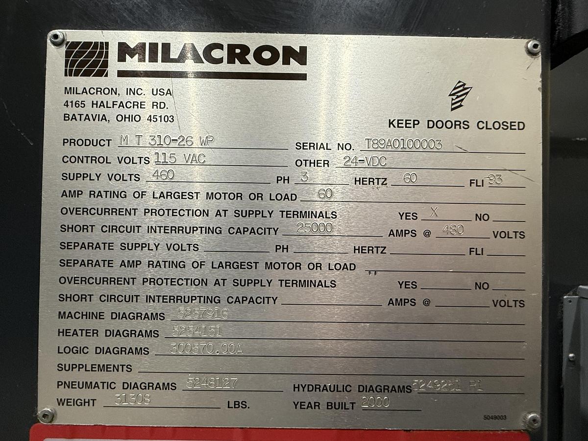 Used 2000 FERROMATIK MILACRON 310 Ton Injection Molding Machine MT310-26WP USED #151865