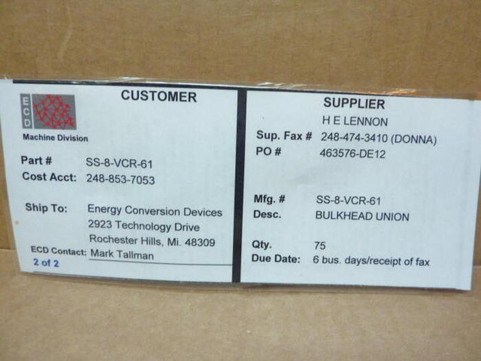 SWAGELOK Bulkhead Union Body SS-8-VCR-61 #39322