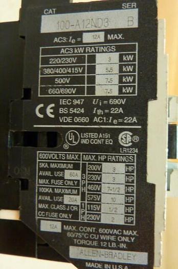 Used ALLEN BRADLEY Contactor 100-A12ND3 SER B #30081