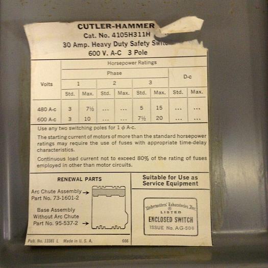 Used CUTLER HAMMER 30 Amp Heavy Duty Safety Switch 4105H311H #82888