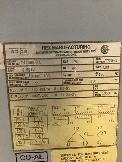 Used REX MANUFACTURING 175 kVA Transformer D175HP/K4 Used