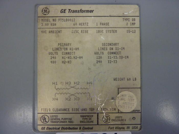 Used GENERAL ELECTRIC 3.00 kVA Transformer 9T51B0013 #53561
