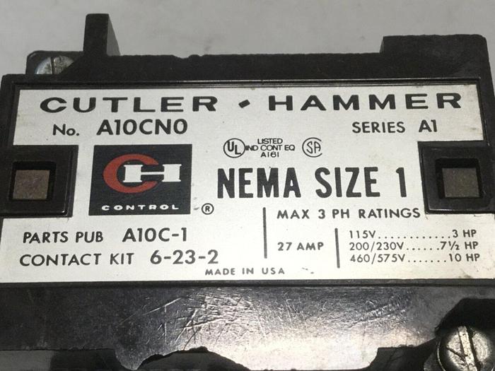 Used CUTLER HAMMER Motor Starter Size 1 A10CN0 #106963