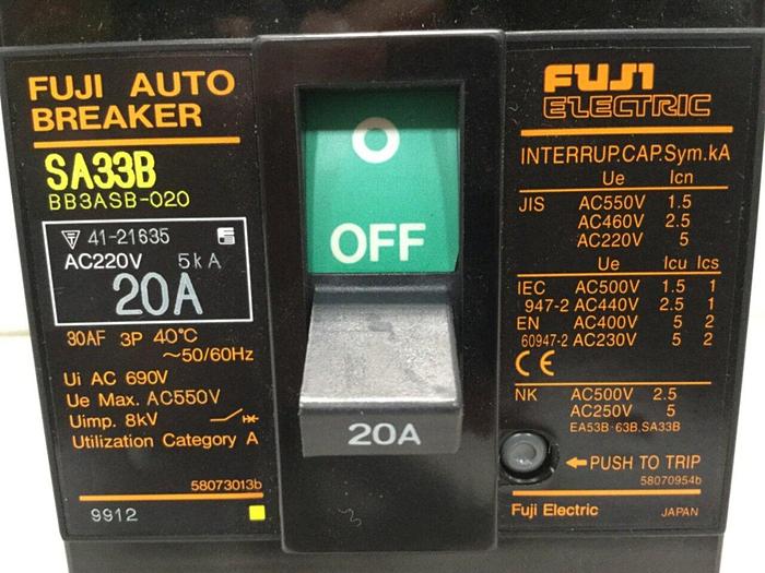 Used FUJI ELECTRIC 20 Amp Auto Circuit Breaker SA33B-20 #108876